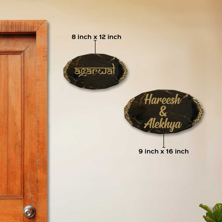 Black & Gold Personalized Marble Effect Oval Resin Name Plate | With 3D Acrylic Letters & Gold Stone Embellishment