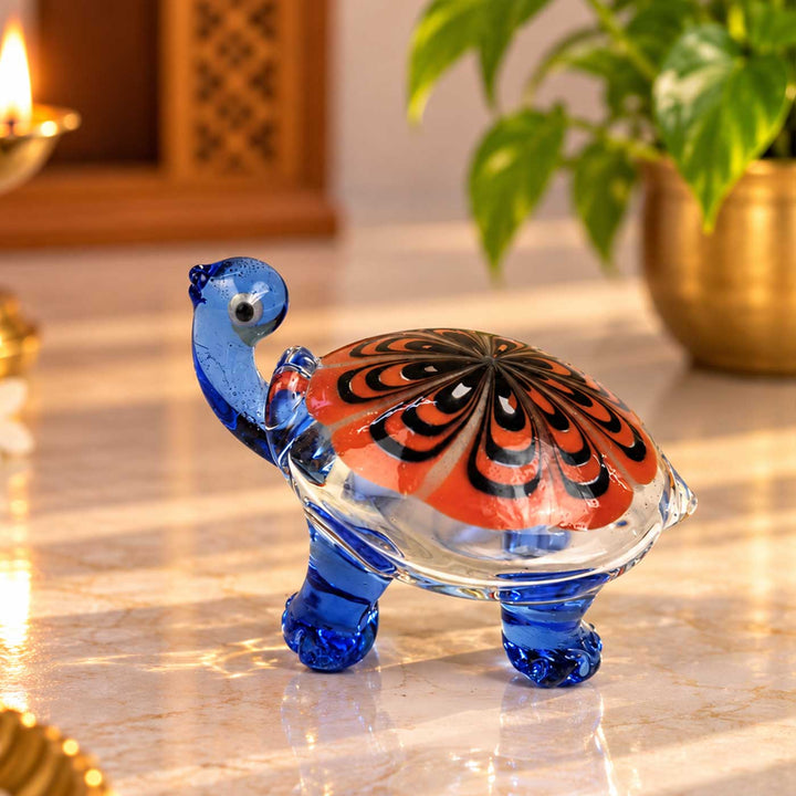 Handmade Blown Glass Blue & Orange Shell Turtle Miniature Figurine For Decor