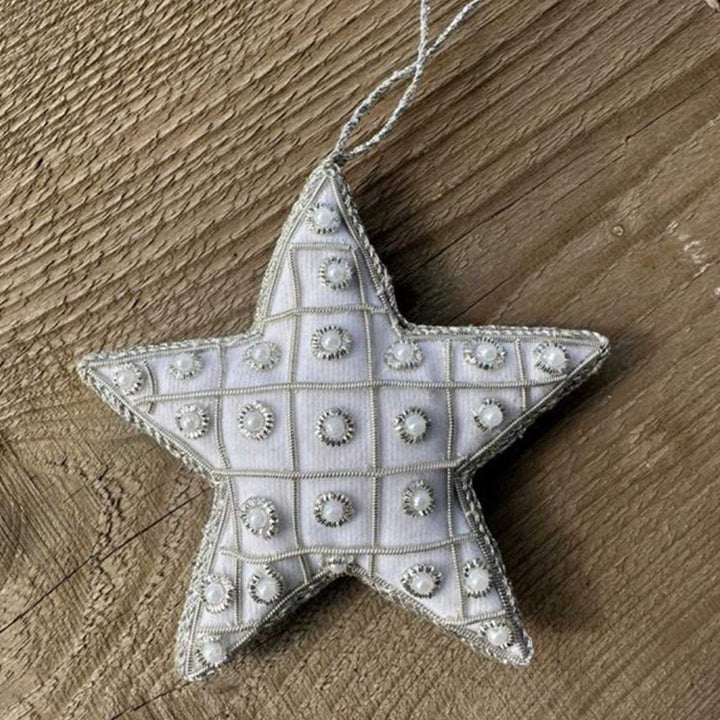 Silver Pearl Star Cotton Premium Zardozi Ornament