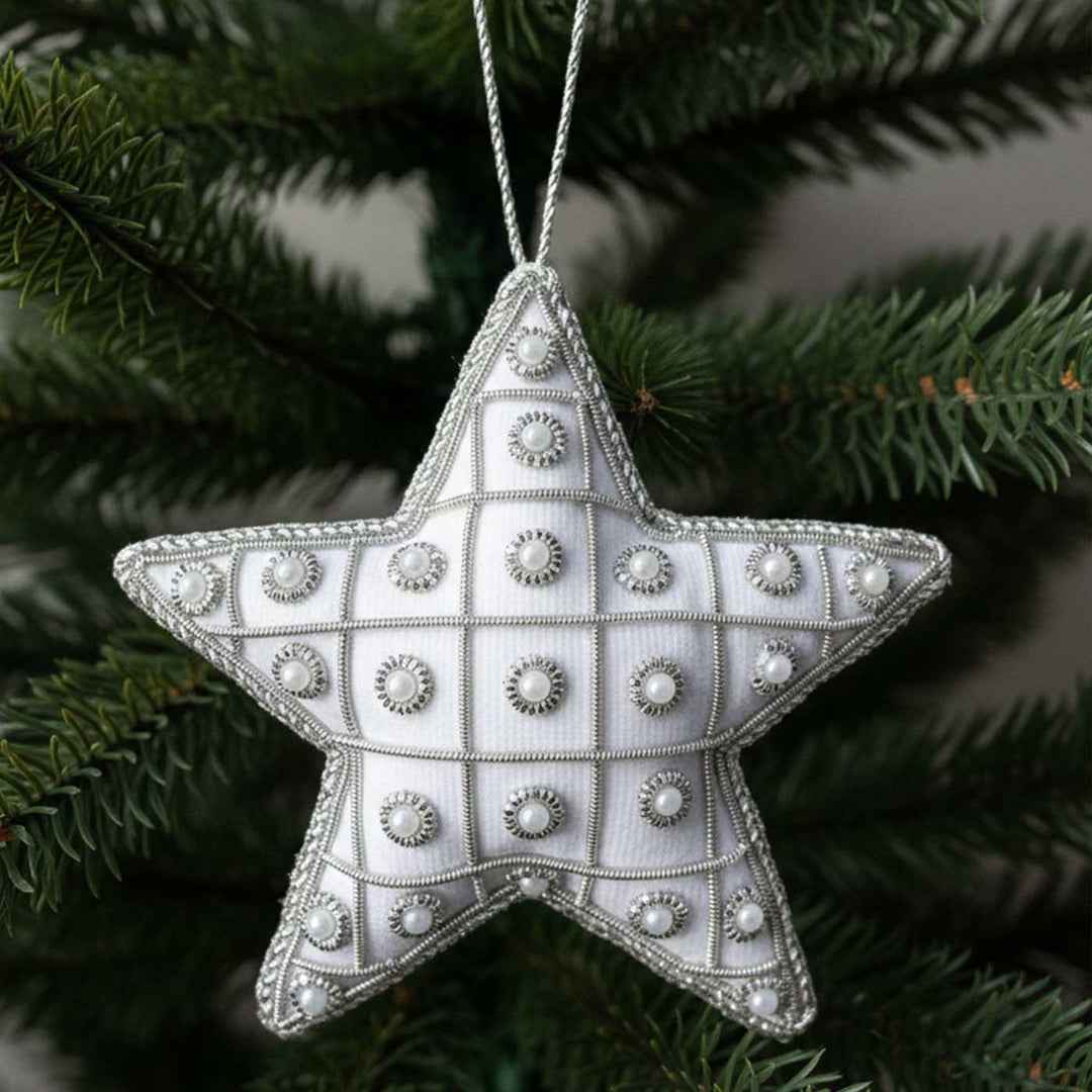 Silver Pearl Star Cotton Premium Zardozi Ornament