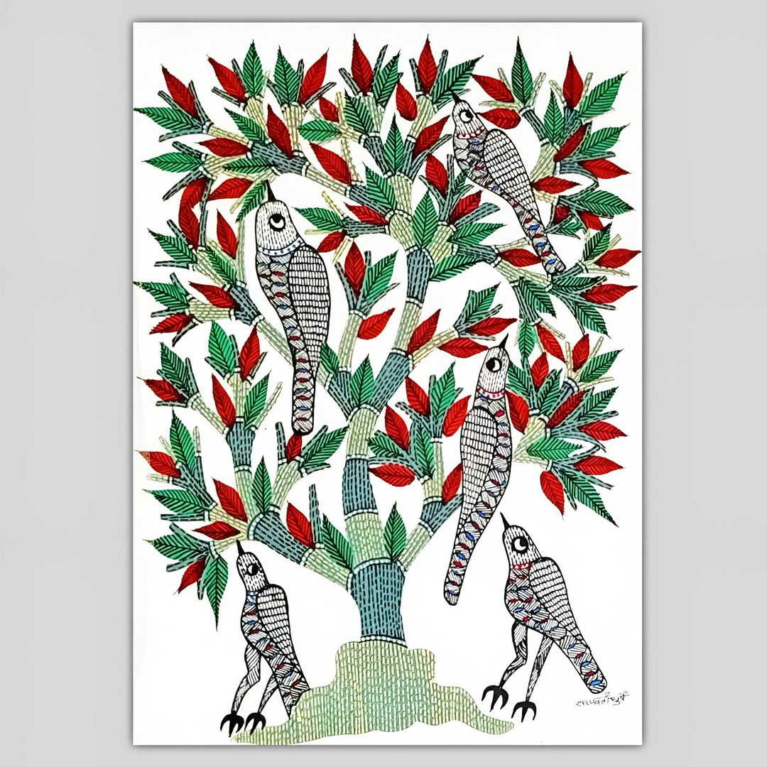 16 x 23 Inch | Birds On Tree | Original Hand Painted Tribal Gond Art Painting | Acrylic Paint On Paper