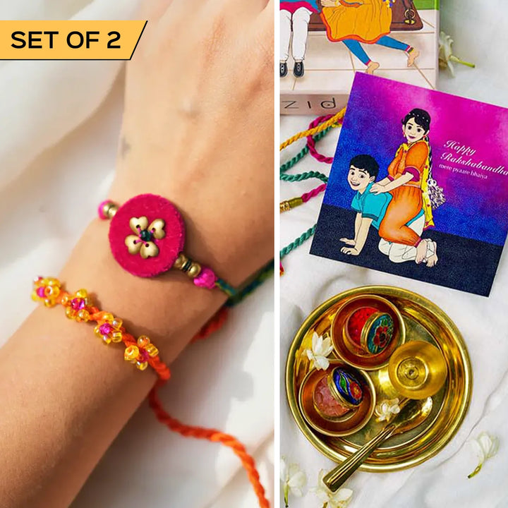 2 pc Rakhi + Brass Thali Set | Premium Gulshan Beaded Rakhi Set with Roli Chawal