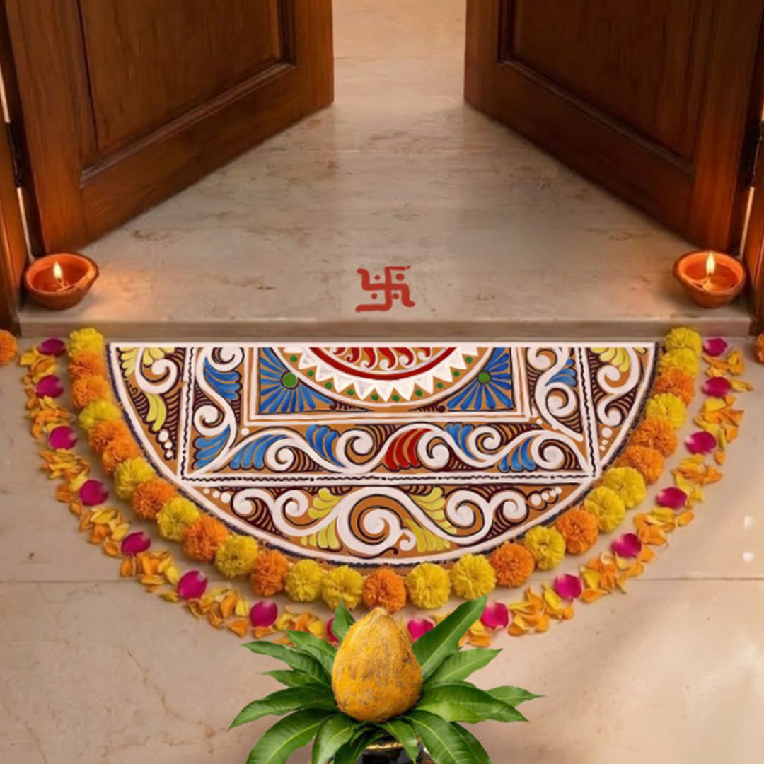 24 Inch | Reusable Handmade Chaitri Semicircle Fabric Rangoli Mat for Festive Entrance Decor