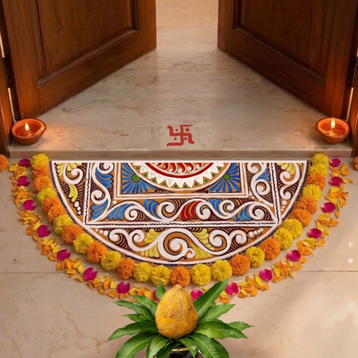 24 Inch | Reusable Handmade Chaitri Semicircle Fabric Rangoli Mat for Festive Entrance Decor