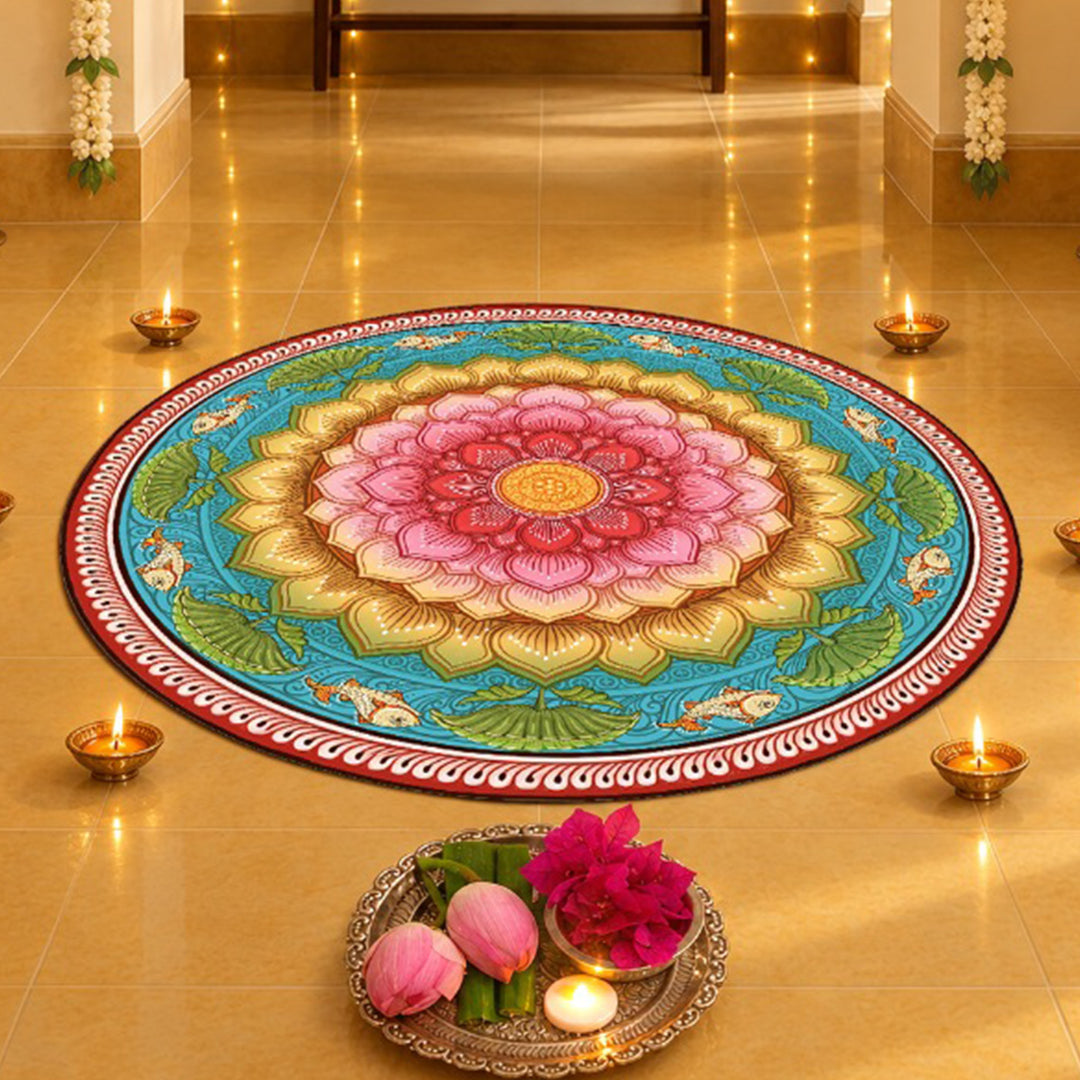 24 Inch | Reusable Handmade Kamalmandal Fabric Rangoli Mat for Festive Entrance Decor