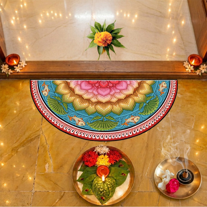 24 Inch | Reusable Handmade Kamalmandal Semicircle Fabric Rangoli Mat for Festive Entrance Decor