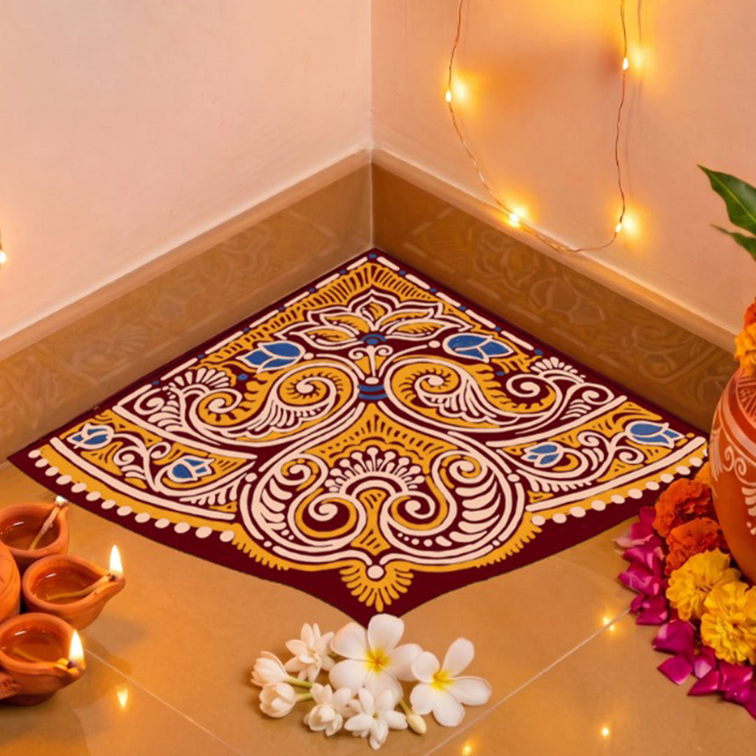 2 pc | 10 Inch | Reusable Handmade Madhobi Corner Fabric Rangoli Mat for Festive Entrance Decor