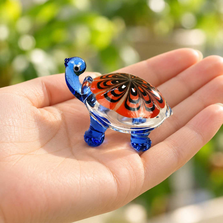 Handmade Blown Glass Blue & Orange Shell Turtle Miniature Figurine For Decor