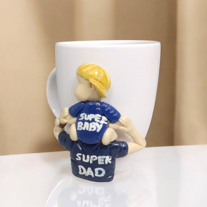 Handmade Polymer Clay Super Dad And Super Baby Theme Ceramic Mug