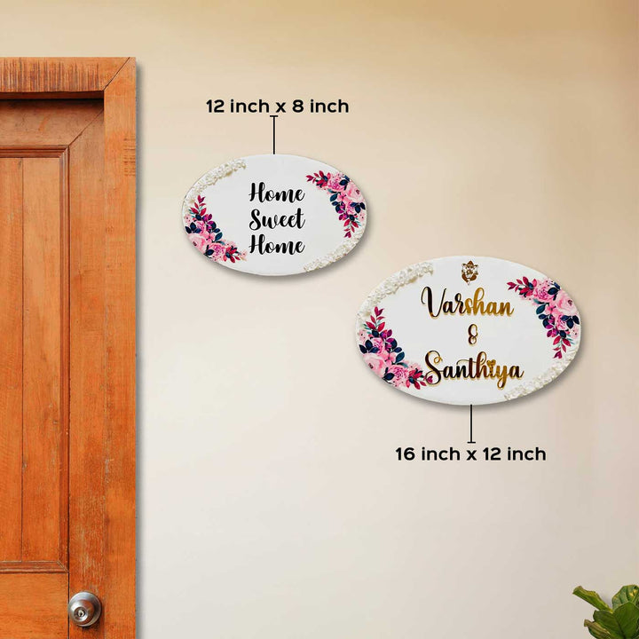 White & Pink Personalized Oval Resin Name Plate | With 3D Acrylic Letters & Gold Stone Embellishment