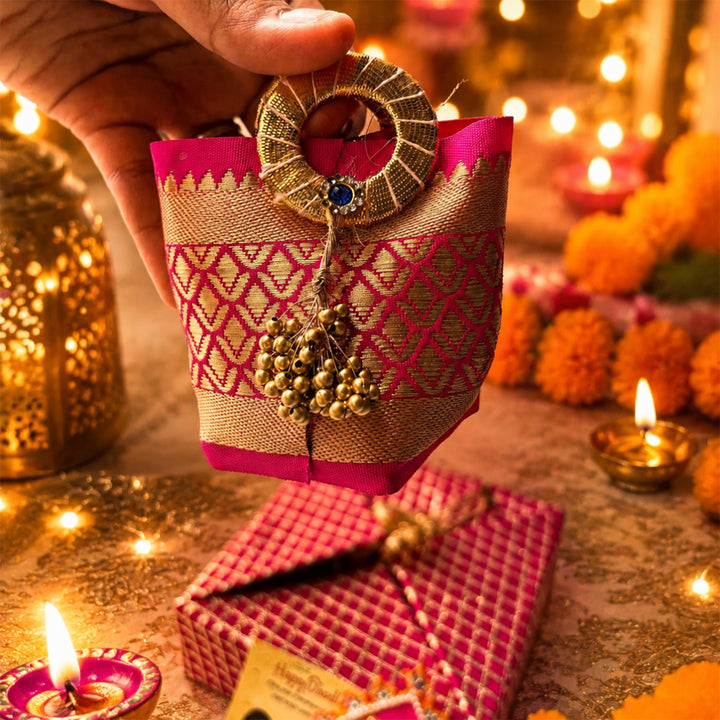 Shubh Labh Pink Celebration Diwali Gift Hamper With Urli Soy Wax Candle And Almond Potli For Festive Gifting