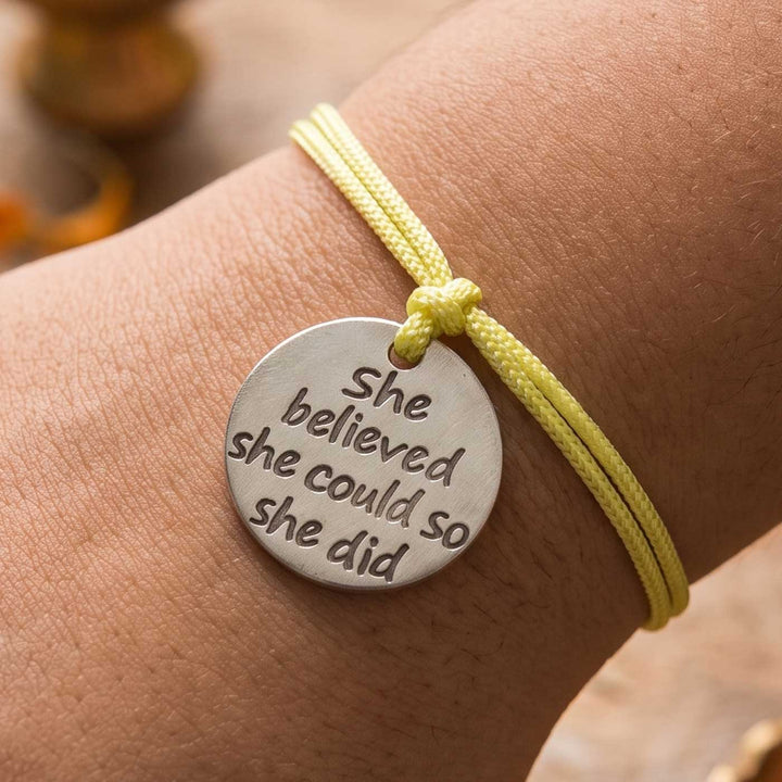 Engraved "She Believed She Could So She Did" Quote Metal Charm Rakhi With Roli Chawal for Brother