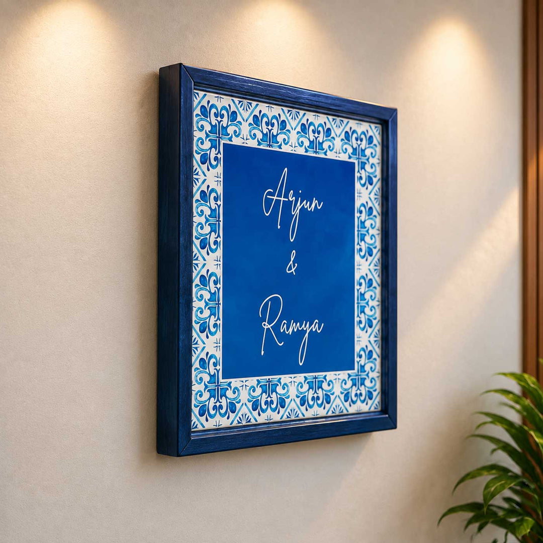 Blue Tile Vintage Personalized Square Resin & Teak Wood Frame Name Plate For Home
