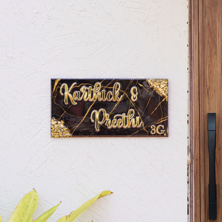 Handmade Resin Black & Gold Rectangle Marbled Name Plate