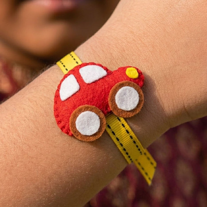 Handmade Car Theme Felt Kids Rakhi With Roli Chawal