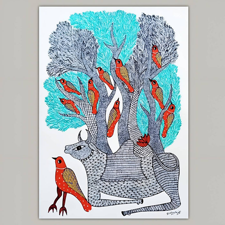 16 x 23 Inch | Bull & Bird| Original Hand Painted Tribal Gond Art Painting | Acrylic Paint On Paper