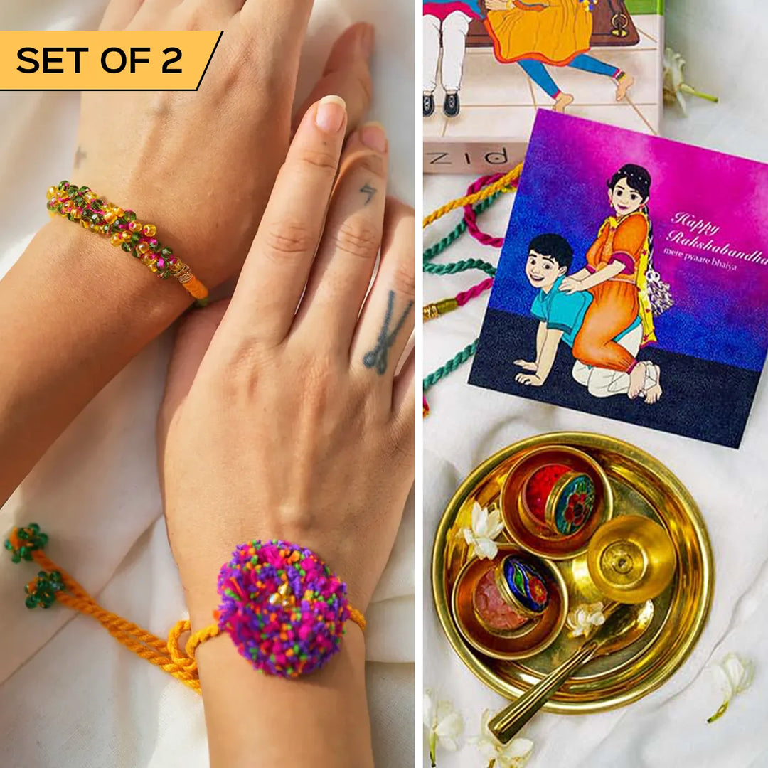2 pc Rakhi + Brass Thali Set | Premium Barfi Beads & Pom Pom Rakhi Set with Roli Chawal
