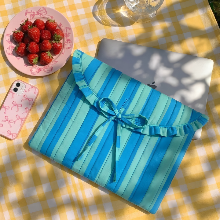"Blaire" Laptop Sleeve With Ruffled Flap & Tie-up Closure For Women | Broad Stripes