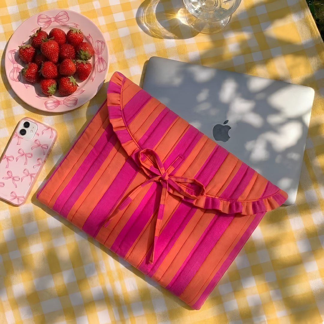 "Blaire" Laptop Sleeve With Ruffled Flap & Tie-up Closure For Women | Broad Stripes