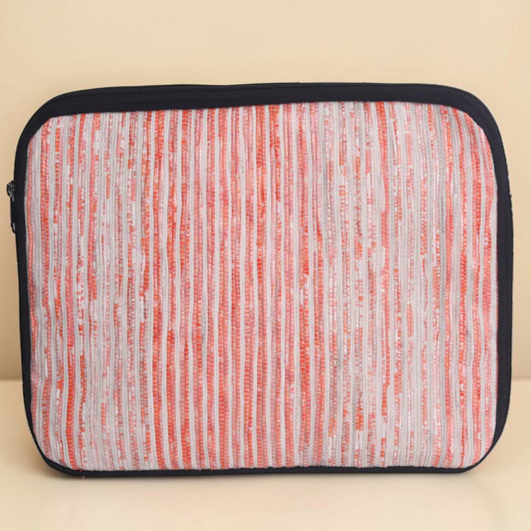 Handcrafted Orange and White Striped Upcycled Plastic 14" Laptop Sleeve