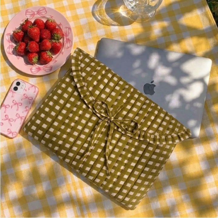 "Blaire" Laptop Sleeve With Ruffled Flap & Tie-up Closure For Women | Checks