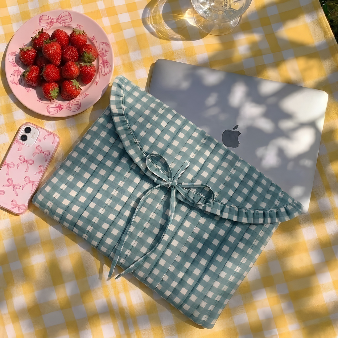 "Blaire" Laptop Sleeve With Ruffled Flap & Tie-up Closure For Women | Checks
