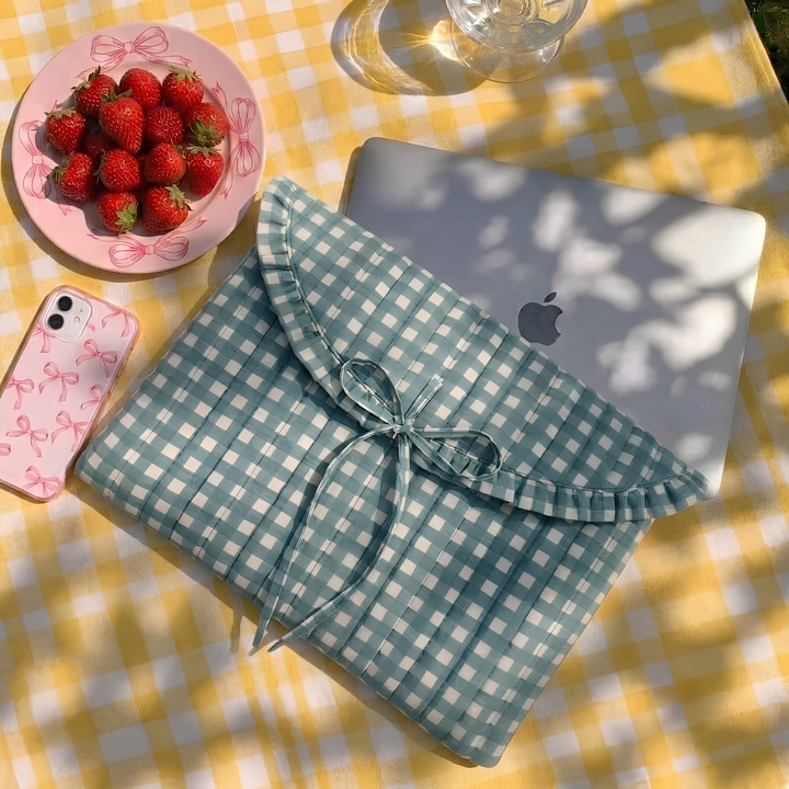 "Blaire" Laptop Sleeve With Ruffled Flap & Tie-up Closure For Women | Checks