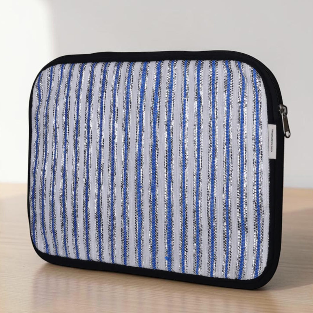 Handcrafted Indigo Blue and White Striped Upcycled Plastic 14" Laptop Sleeve