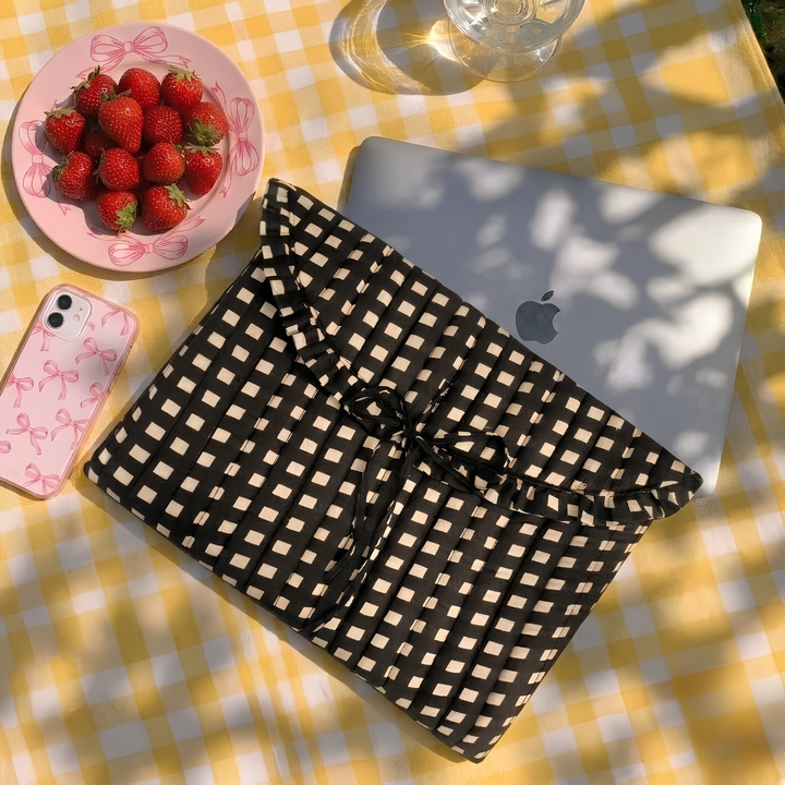 "Blaire" Laptop Sleeve With Ruffled Flap & Tie-up Closure For Women | Checks