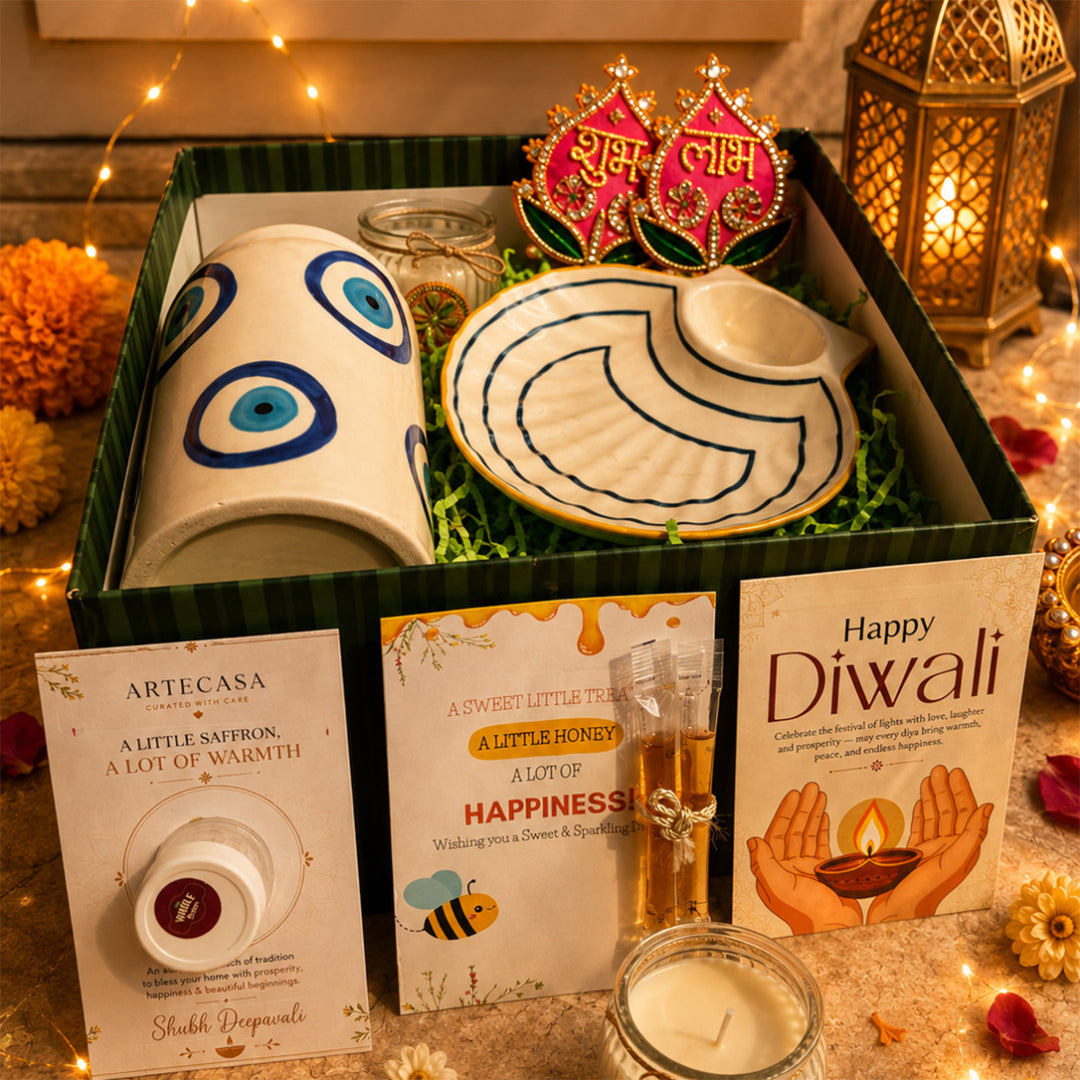 Emerald Nazar Luxe Evil Eye Diwali Gift Hamper With Seashell Platter And Matka Soy Wax Candle For Festive Gifting