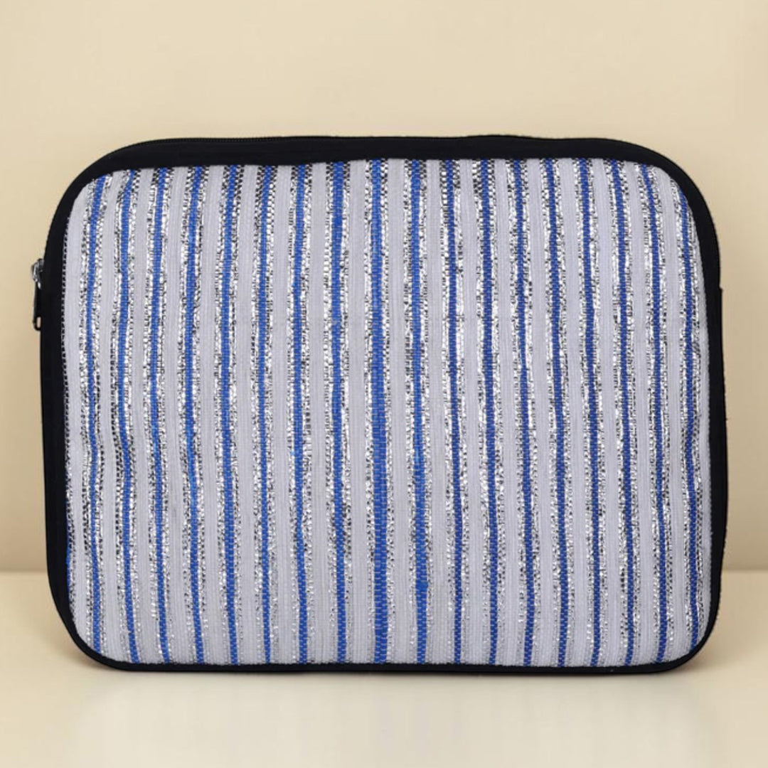 Handcrafted Indigo Blue and White Striped Upcycled Plastic 14" Laptop Sleeve