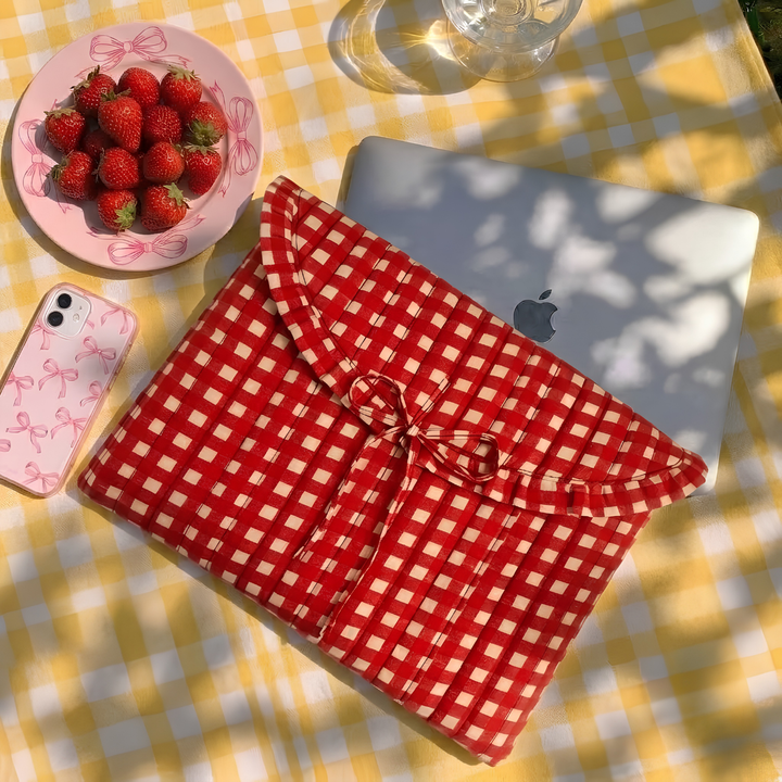 "Blaire" Laptop Sleeve With Ruffled Flap & Tie-up Closure For Women | Checks