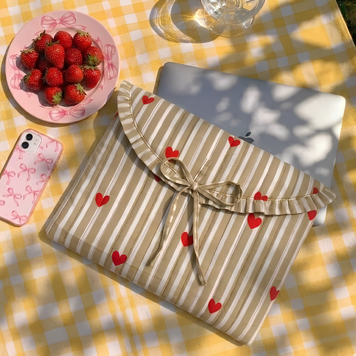 "Blaire" Laptop Sleeve With Ruffled Flap & Tie-up Closure For Women | Thin Stripes