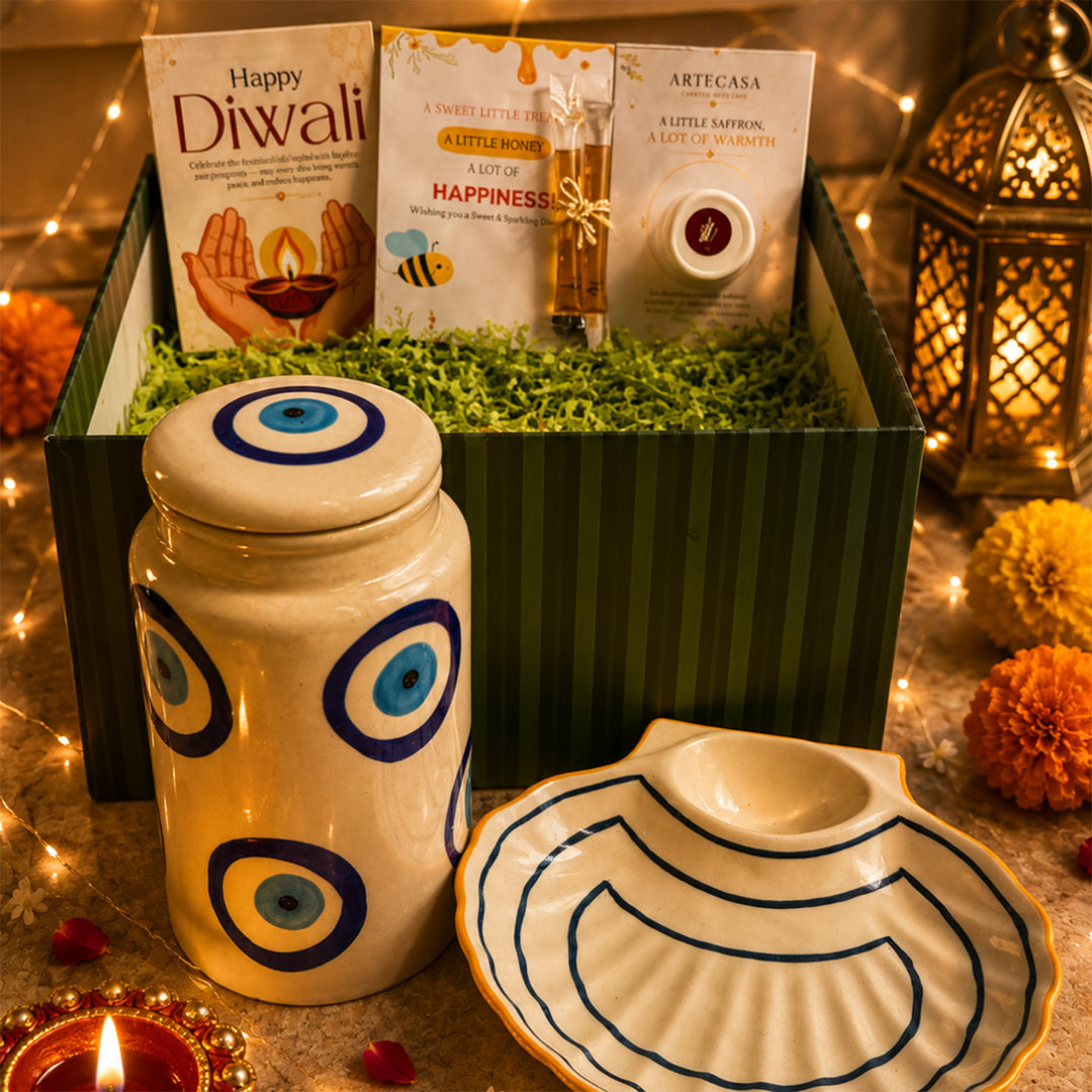 Emerald Nazar Luxe Evil Eye Diwali Gift Hamper With Seashell Platter And Matka Soy Wax Candle For Festive Gifting