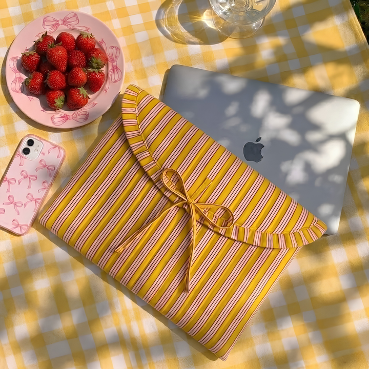 "Blaire" Laptop Sleeve With Ruffled Flap & Tie-up Closure For Women | Thin Stripes