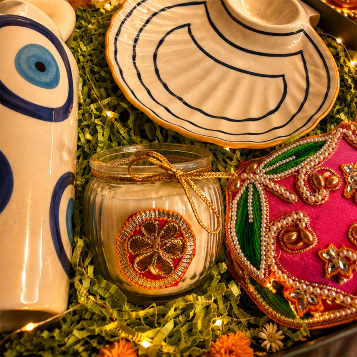 Emerald Nazar Luxe Evil Eye Diwali Gift Hamper With Seashell Platter And Matka Soy Wax Candle For Festive Gifting