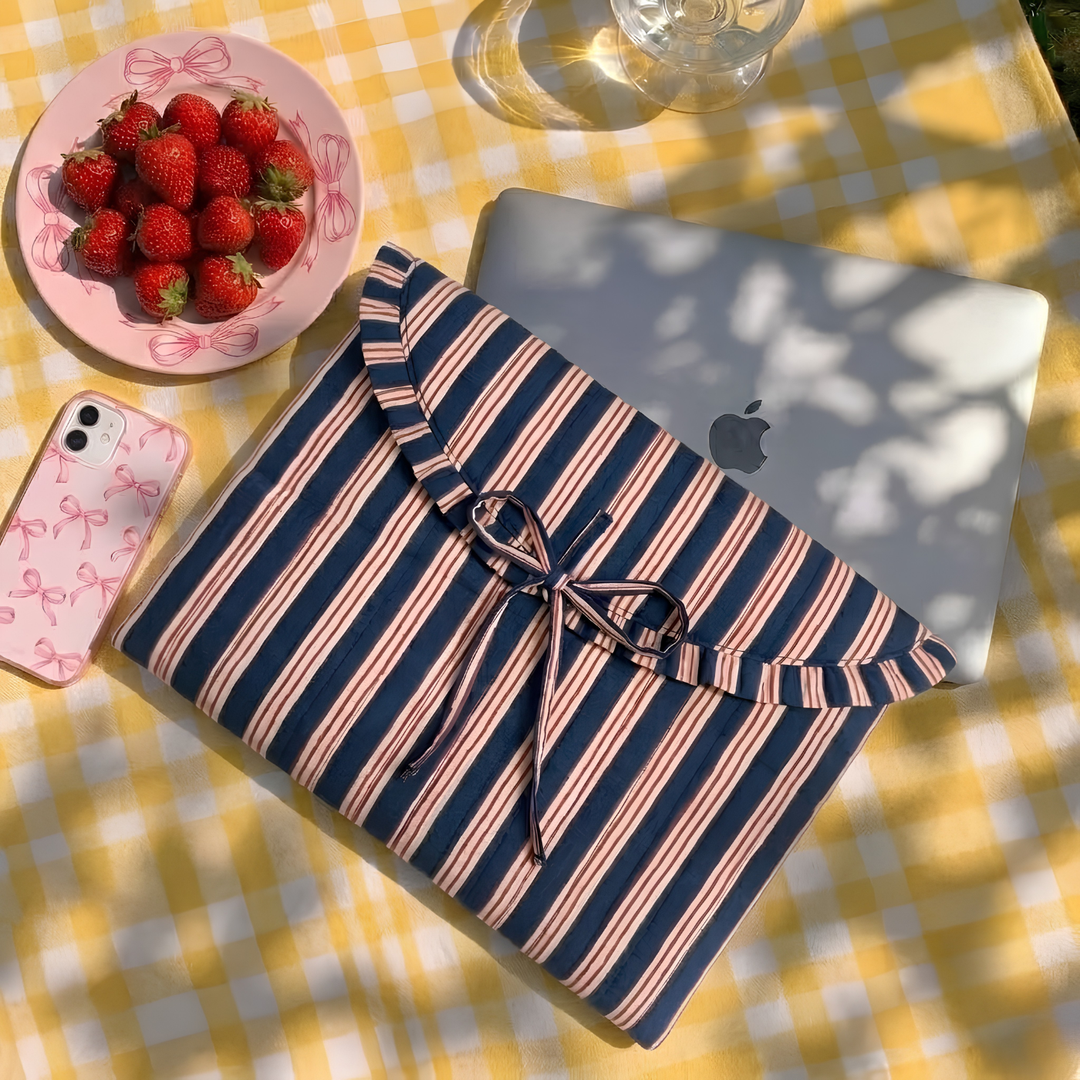 "Blaire" Laptop Sleeve With Ruffled Flap & Tie-up Closure For Women | Thin Stripes