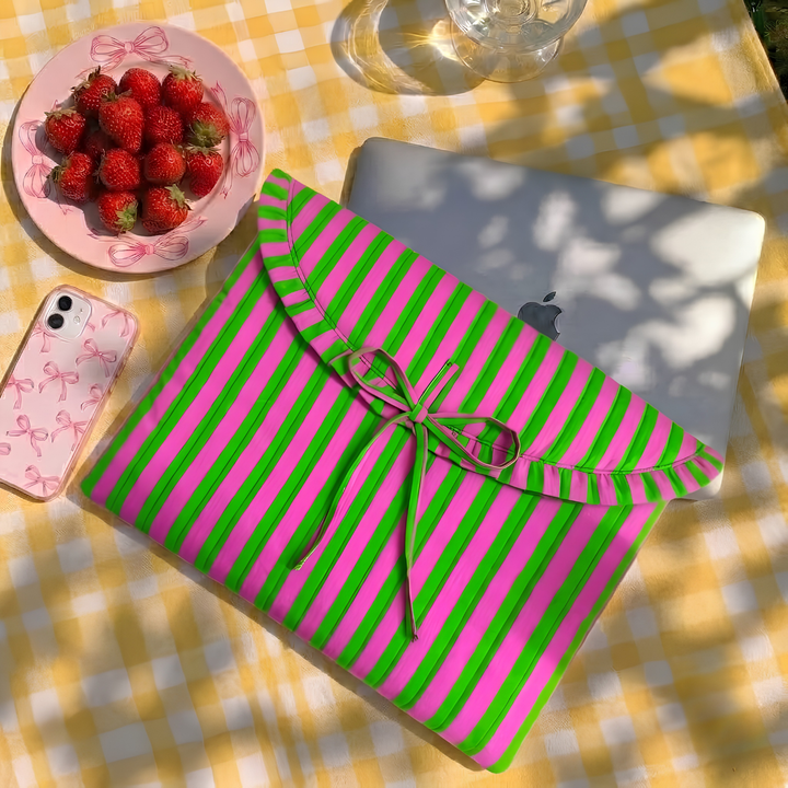 "Blaire" Laptop Sleeve With Ruffled Flap & Tie-up Closure For Women | Thin Stripes