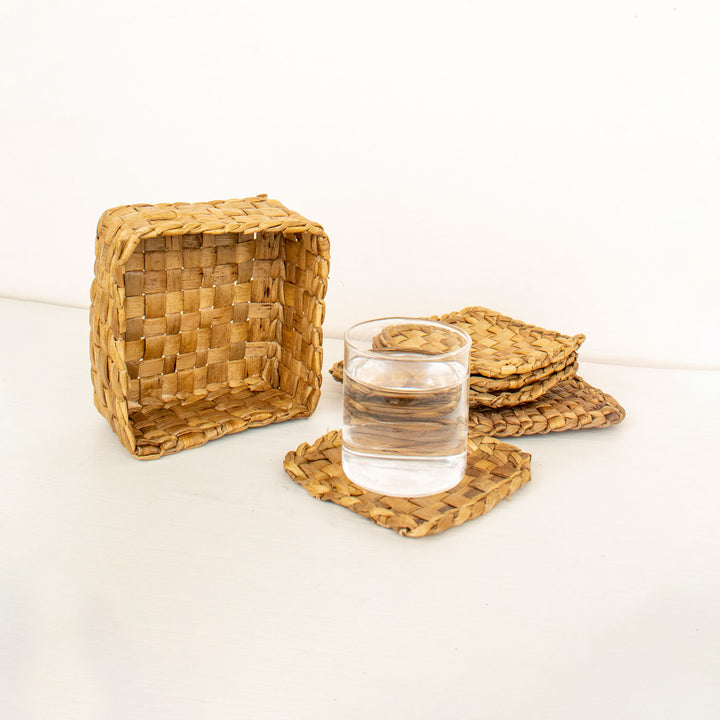 Handcrafted Water Hyacinth Coasters With Holder- Set of 6
