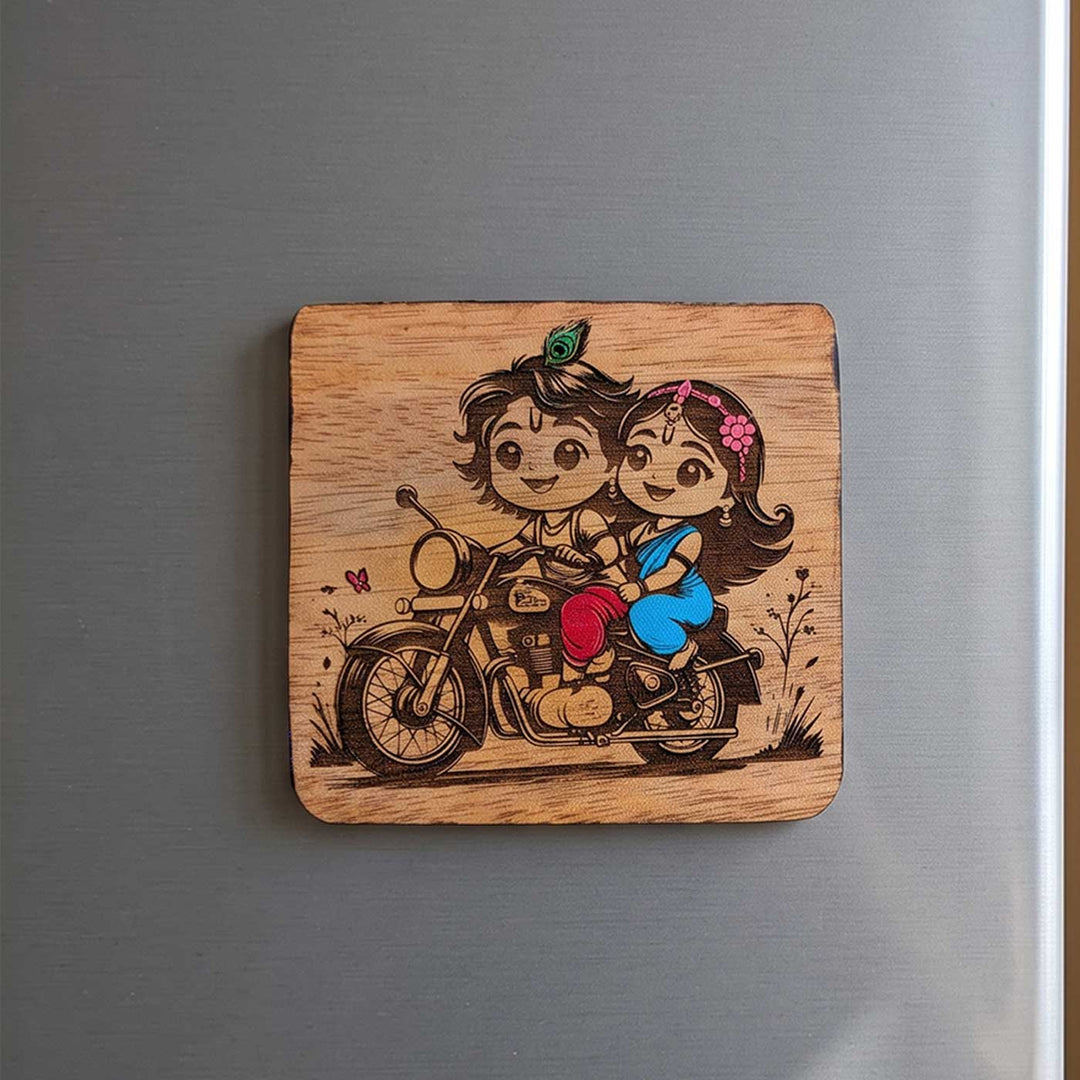 Engraved & Hand-Painted Rider Krishna Mahogany Wood Fridge Magnet