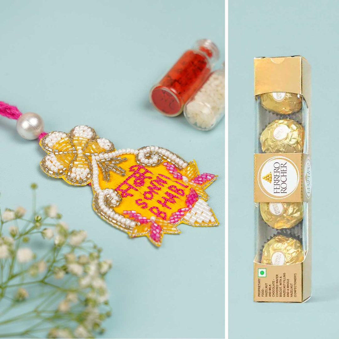 Handmade Beaded Sabse Sona Bhabhi Lumba Rakhi For Bhabhi With Roli Chawal - Product and Chocolate Combo