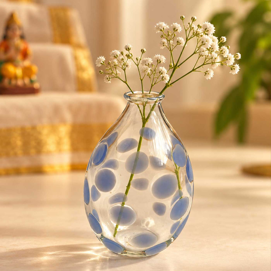 Handmade Clear Blue Polka Dot Small Glass Art Vase For Home Decor