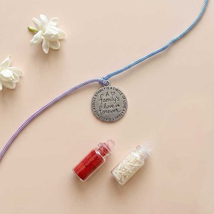 Engraved "A Family's Love Is Forever" Quote Metal Charm Rakhi With Roli Chawal for Brother