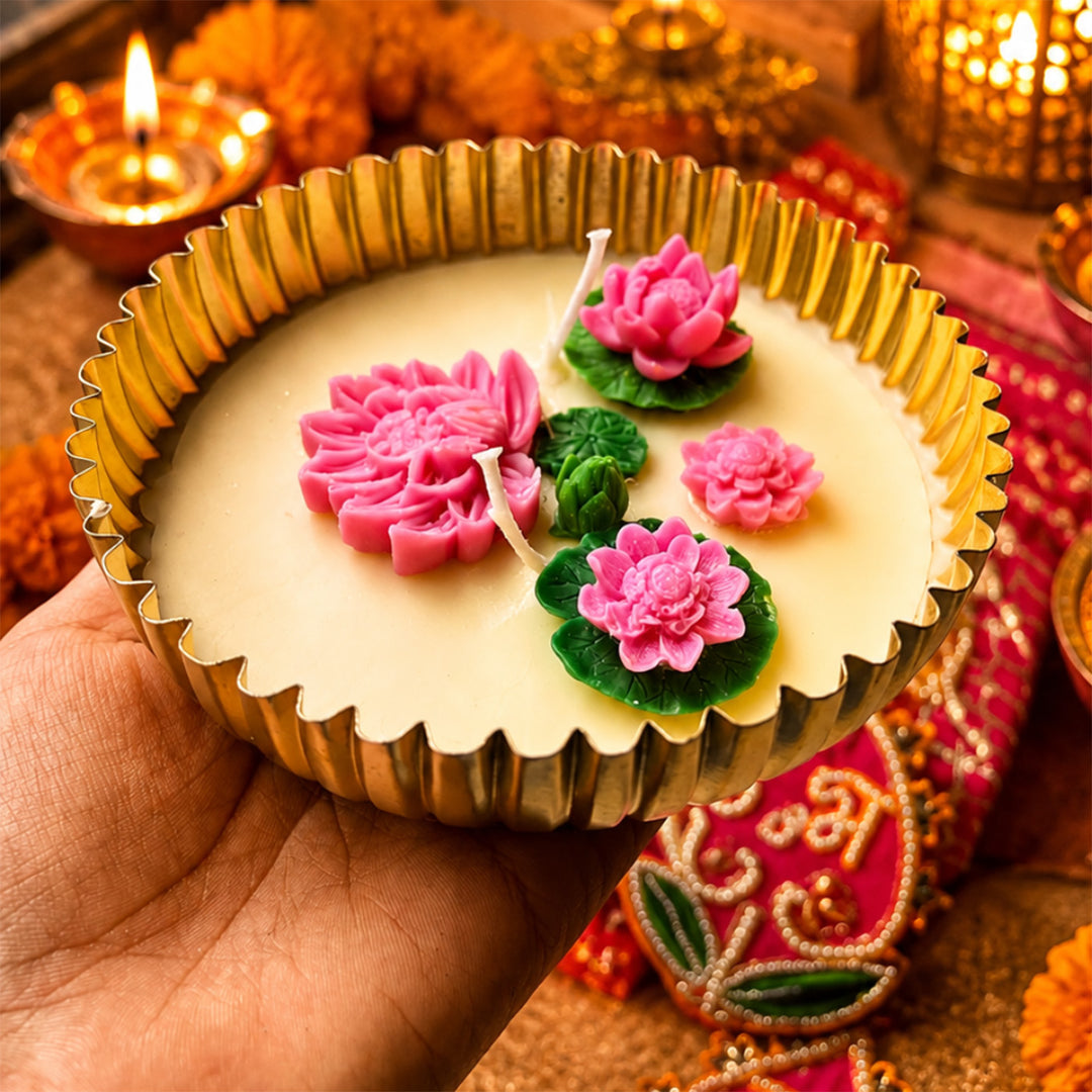 Shubh Labh Pink Celebration Diwali Gift Hamper With Urli Soy Wax Candle And Almond Potli For Festive Gifting