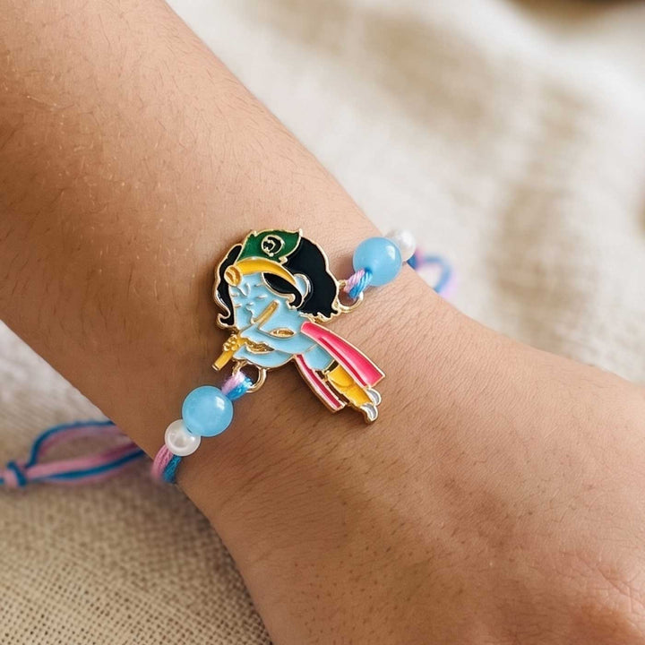 Engraved Little Krishna Enamel Metal Charm Rakhi With Roli Chawal for Brother
