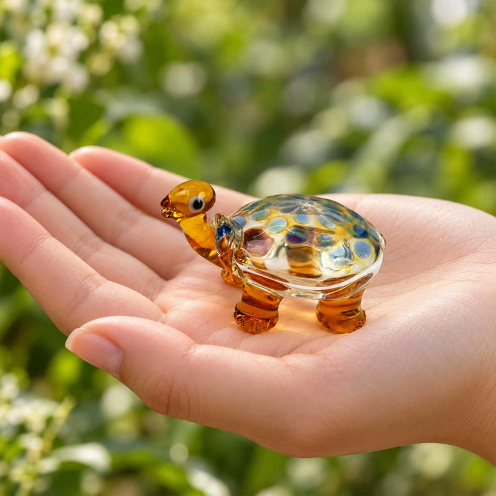 Handmade Blown Glass Amber Speckled Turtle Miniature Figurine For Decor