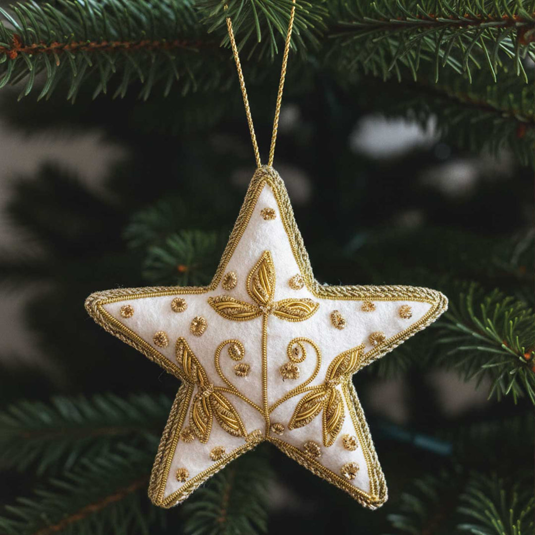 White And Gold Flower Star Cotton Premium Zardozi Ornament
