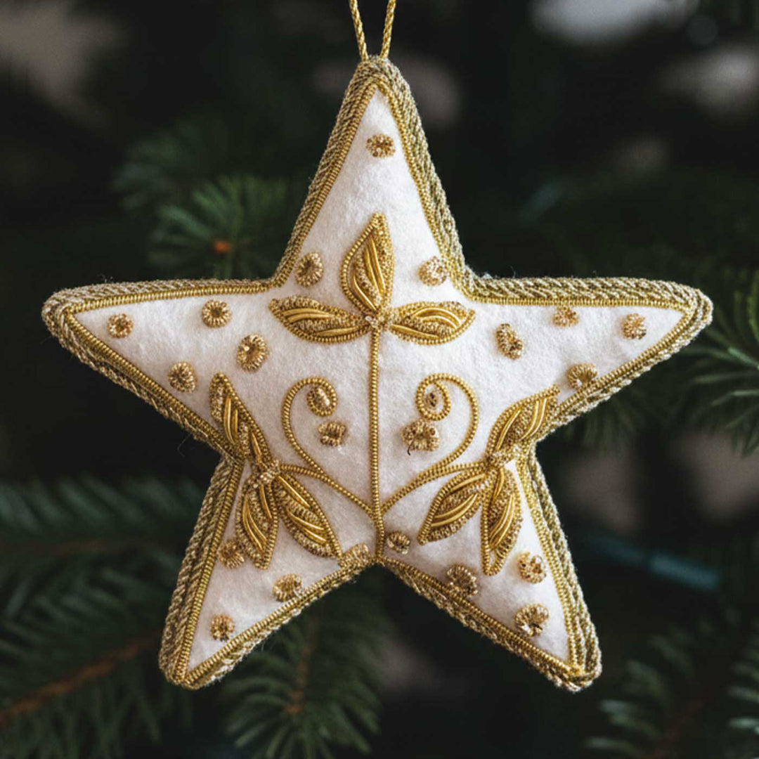 White And Gold Flower Star Cotton Premium Zardozi Ornament
