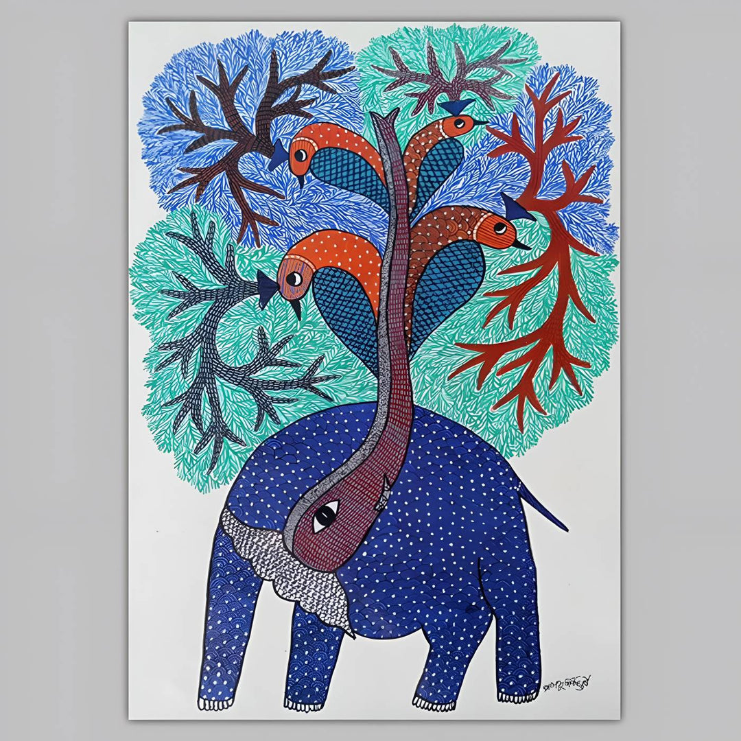 16 x 23 Inch | Elephant & Peacock | Original Hand Painted Tribal Gond Art Painting | Acrylic Paint On Paper