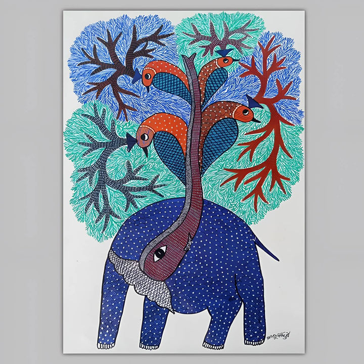 16 x 23 Inch | Elephant & Peacock | Original Hand Painted Tribal Gond Art Painting | Acrylic Paint On Paper